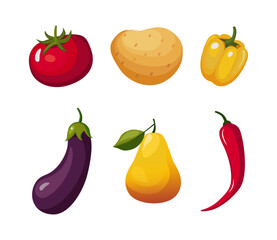 Tomato, Potato, Pepper, Eggplant, Pear and Chili Ripe Fruit and Vegetable as Organic Food Vector Set