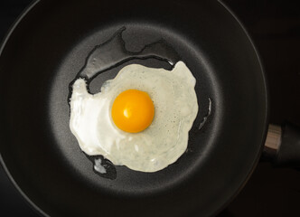 Fried eggs, fried in a frying pan in the process of cooking breakfast