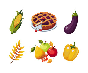 Thanksgiving Autumn Holiday Symbols with Eggplant, Corn Cob, Apple, Pie and Pepper Vector Set