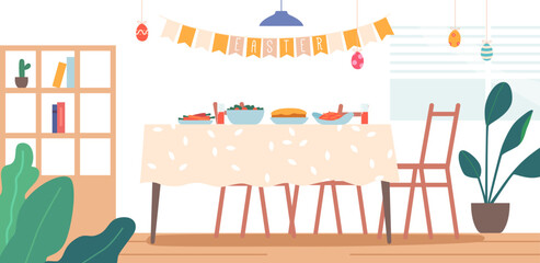 Fototapeta premium Easter Dinner Concept, Home Kitchen Interior with Table and Different Festive Meals in Decorated Room with Garlands