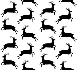 Vector seamless pattern of flat hand drawn jumping deer silhouette isolated on white background