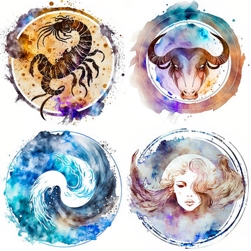 Set of 4 astrological signs and symbols on white background. Pastel colors in soft style for horoscope. Scorpio, Taurus, Aquarius and Virgo. Suitable for graphic or emotional use.