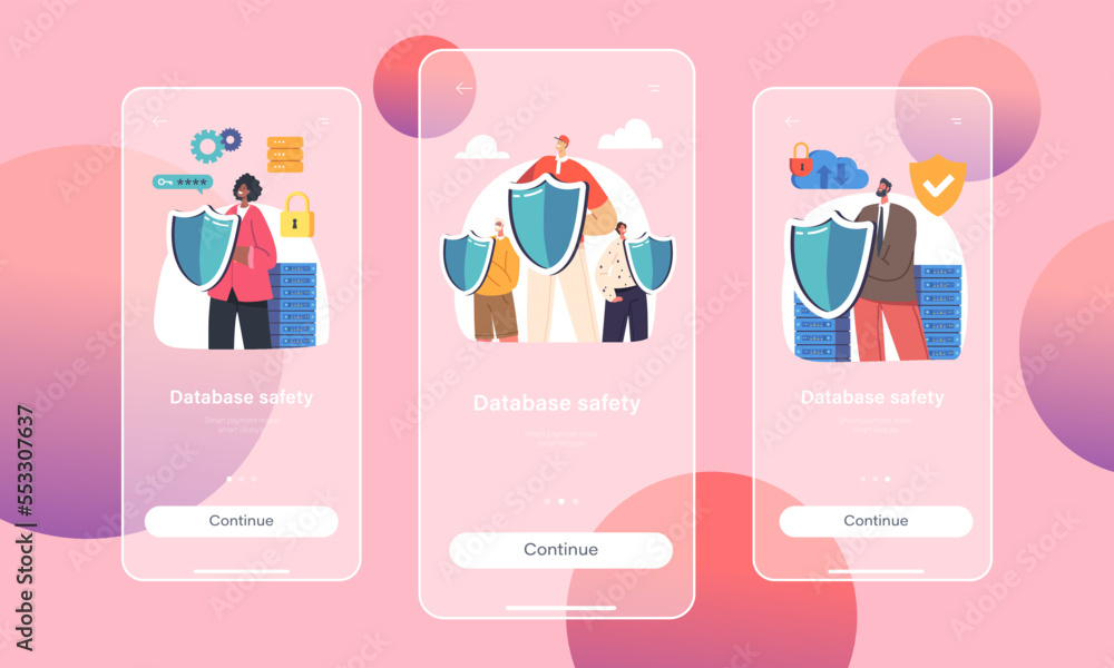 Poster database safety mobile app page onboard screen template. people holding shields protect server or ha