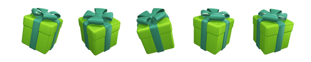 Set of green gift boxes with turquoise ribbon and bow. Isolated on a transparent background. 3d render