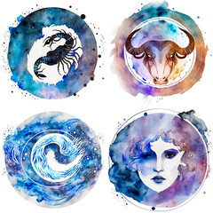 Set of 4 astrology signs and symbols, pastel colors with a soft feel for horoscopes. Includes Scorpio, Taurus, Aquarius & Virgo. Perfect for graphics & evoking emotion.