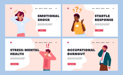Obraz na płótnie Canvas Shocked People Landing Page Template Set. Young Men and Women with Open Mouths and Excited Reactions