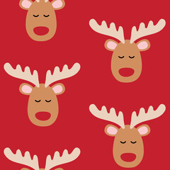 Vector seamless pattern of flat hand drawn Christmas deer face isolated on red background