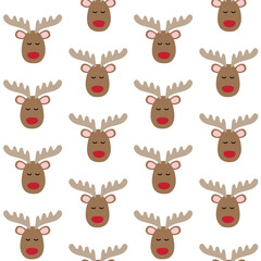 Vector seamless pattern of flat hand drawn Christmas deer face isolated on white background