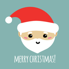 Vector flat hand drawn Santa Claus face and merry Christmas text isolated on mint background