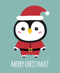 Vector flat hand drawn penguin in Santa Claus and merry Christmas text isolated on mint background