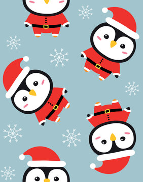 Vector seamless pattern of flat hand drawn penguin in Santa Claus isolated on blue background