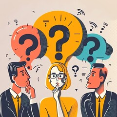 Question. Group of talking people with speech bubbles and giant question mark. Customer service, frequently asked questions, FAQ. Generative AI illustration concepts. Modern flat design.