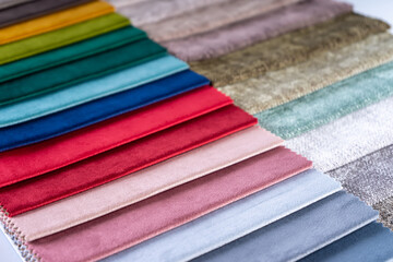 Bright collection of colorful textile samples. Fabric swatches, set in different colors for...