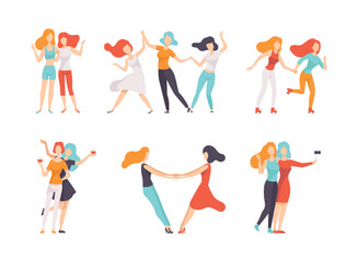 Female Friend Spending Time Together Taking Selfie, Embracing, Dancing, Drinking Wine and Roller Skating Vector Set