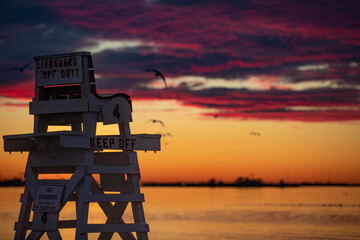 Lifeguard tower at sunrise