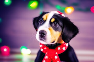 dog with christmas hat wearing a scarf, bokeh background, generative art
