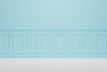 Blue decorative wall, room interior. Product placement concept, beautiful empty wall with decorative pattern, panel. 3D render; 3D illustration.