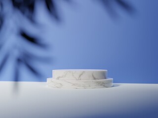 A marble landing on a light background with a leaf shadow. The concept of product presentation, product insertion, abstract platform. 3D render; 3D illustration.