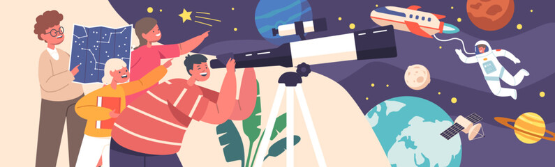 Children Study Astronomy Science. Kids Look In Telescope, Curious Little Boys and Girls Characters Observe Sky