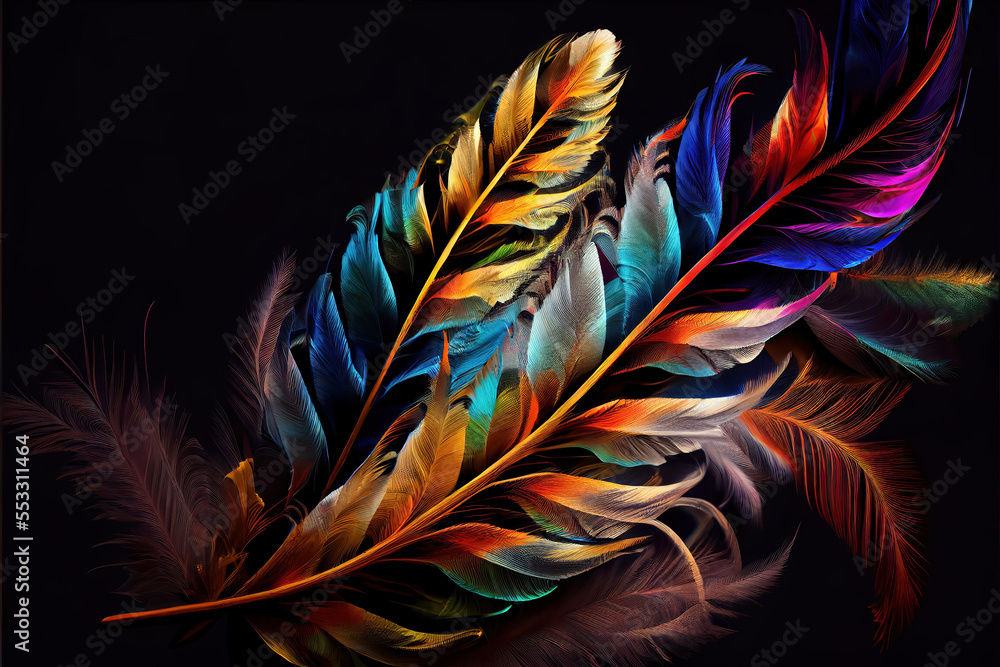 Wall mural abstract colorful feathers on black as header background