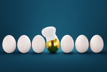 An egg with a chef's hat on. The concept of cooking, making food, checking the recipe. Scrambled eggs and cooking eggs. 3D render, 3D illustration.
