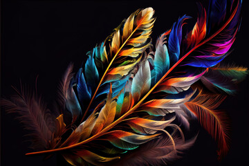 abstract colorful feathers on black as header background