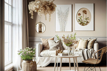 beautiful luxury beige interior with spring time flower decoration
