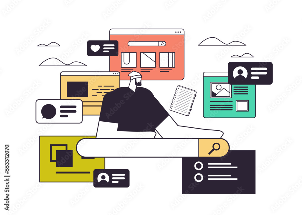 Poster businessman using web browser man searching information web page data analyzing online network searc