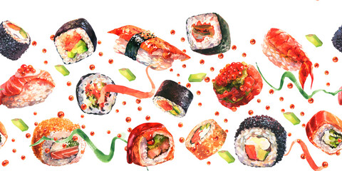 Watercolor horizontal flatlay composition seamless border with traditional Japanese sushi on white background.