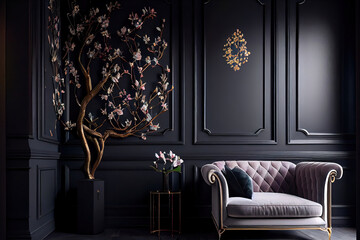 beautiful luxury dark interior with spring time flower decoration