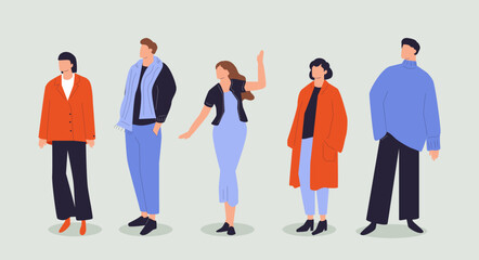 Street fashion look. Young men and women dressed in stylish trendy oversized clothing. Models standing in various poses