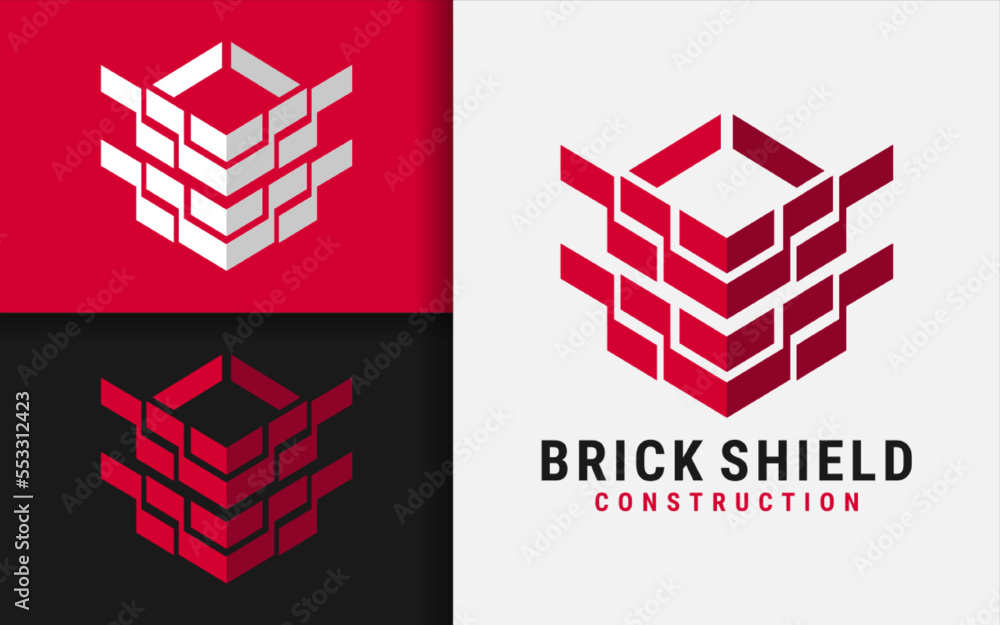 Poster brick shield logo design. red brick arranged in the shape of a abstract shield concept.