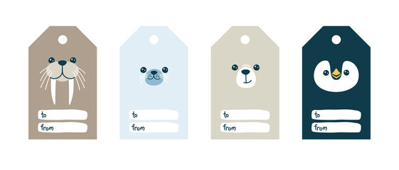 Gift tag and label vector templates with cute arctic animals - walrus, penguin, polar bear and fur seal
