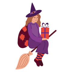 Cute Girl Witch Befana. Traditional Christmas Epiphany female character in Italy flying on broomstick with a gift box, present for children. Vector illustration isolated on white background. Hand