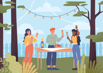 Garden party concept. Man and girl with alcoholic drink and pieces of watermelon on table. Event and outdoor activities, holiday and festival, picnic on nature. Cartoon flat vector illustration - obrazy, fototapety, plakaty