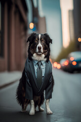 A dog is wearing a suit in a city