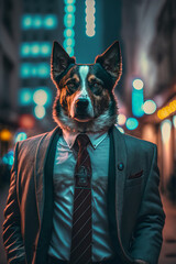 A dog is wearing a suit in a city