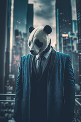 Panda bear in a suit stands in a city
