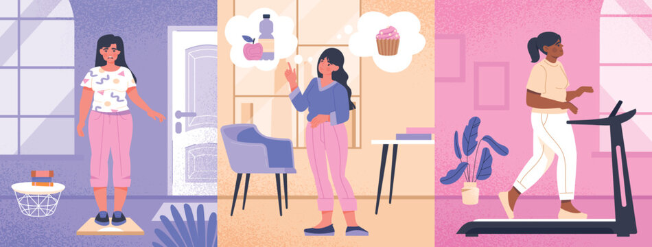 Obese people set. Collection of posters or banner olv for website. Young girl gets on scale, plans diet and goes in for sports. Avtibve lifestyle and fitness. Cartoon flat vector illustration