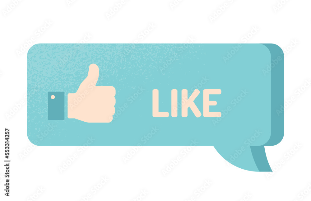 Poster blue like icon. thumb up with text, graphic element for website. positive figurative connection and 