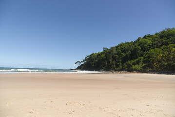Beautiful paradise beach with white sand, blue sky, dense dark green vegetation and sea with clear water and waves
