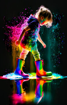 Child in wellington boots splashing in rainbow puddle. Generative AI, this image is not based on any original image, character or person.