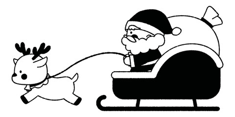 サンタクロースとトナカイのイラスト（白黒）