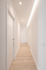 A long corridor in a house with smooth white materials and light oak flooring