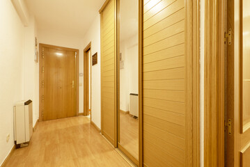 Entrance hall of a house with an armored oak door with a built-in wardrobe with sliding wooden...