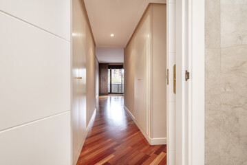 Corridor of a house with built-in wardrobes on both walls and reddish wooden flooring