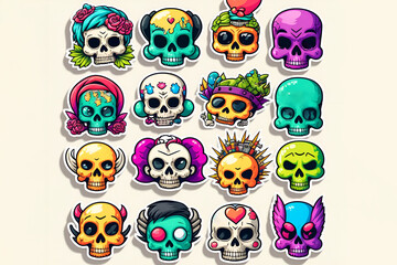 Set of funny cartoon varied skull stickers