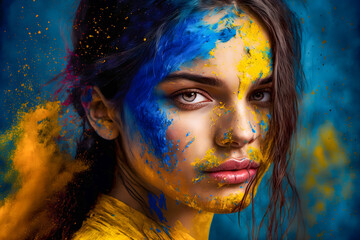 Woman covered in yellow and blue paint. No real person,  Generative AI