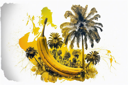  Yellow banana with island and palm tree