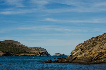 Mountain landscape over the Mediterranean Sea Coast in Costa Brava under a blue sunny sky